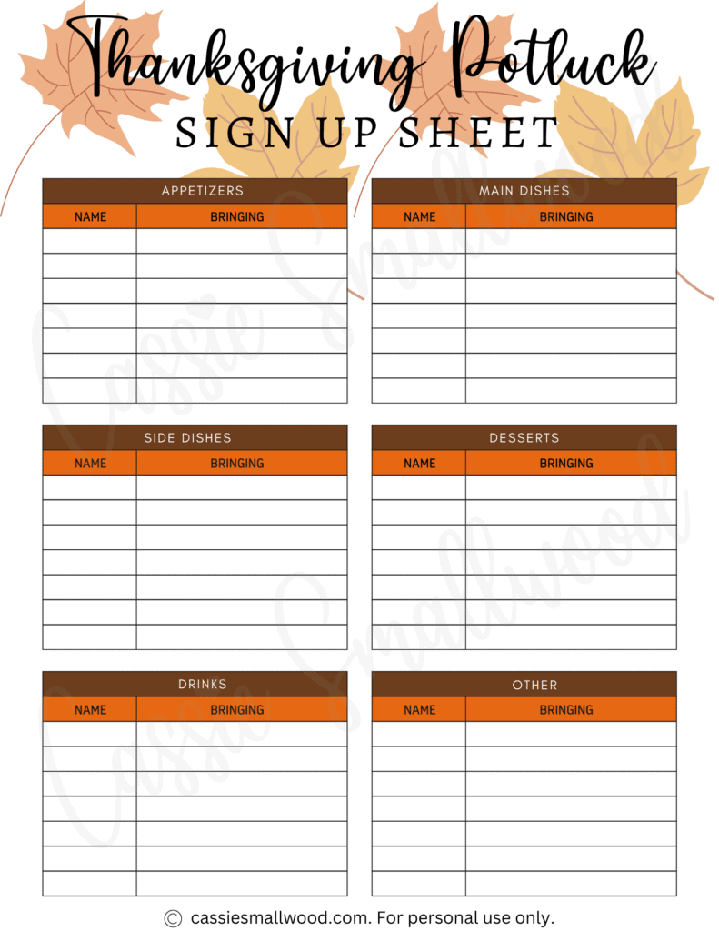 Thanksgiving Potluck Sign Up Sheet Printable Thanksgiving Potluck Sign Up Sheet Printable