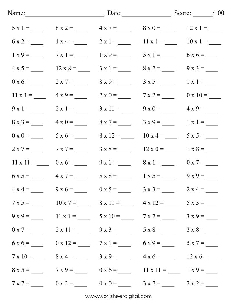 Free Printable Multiplication Quiz 0-12
