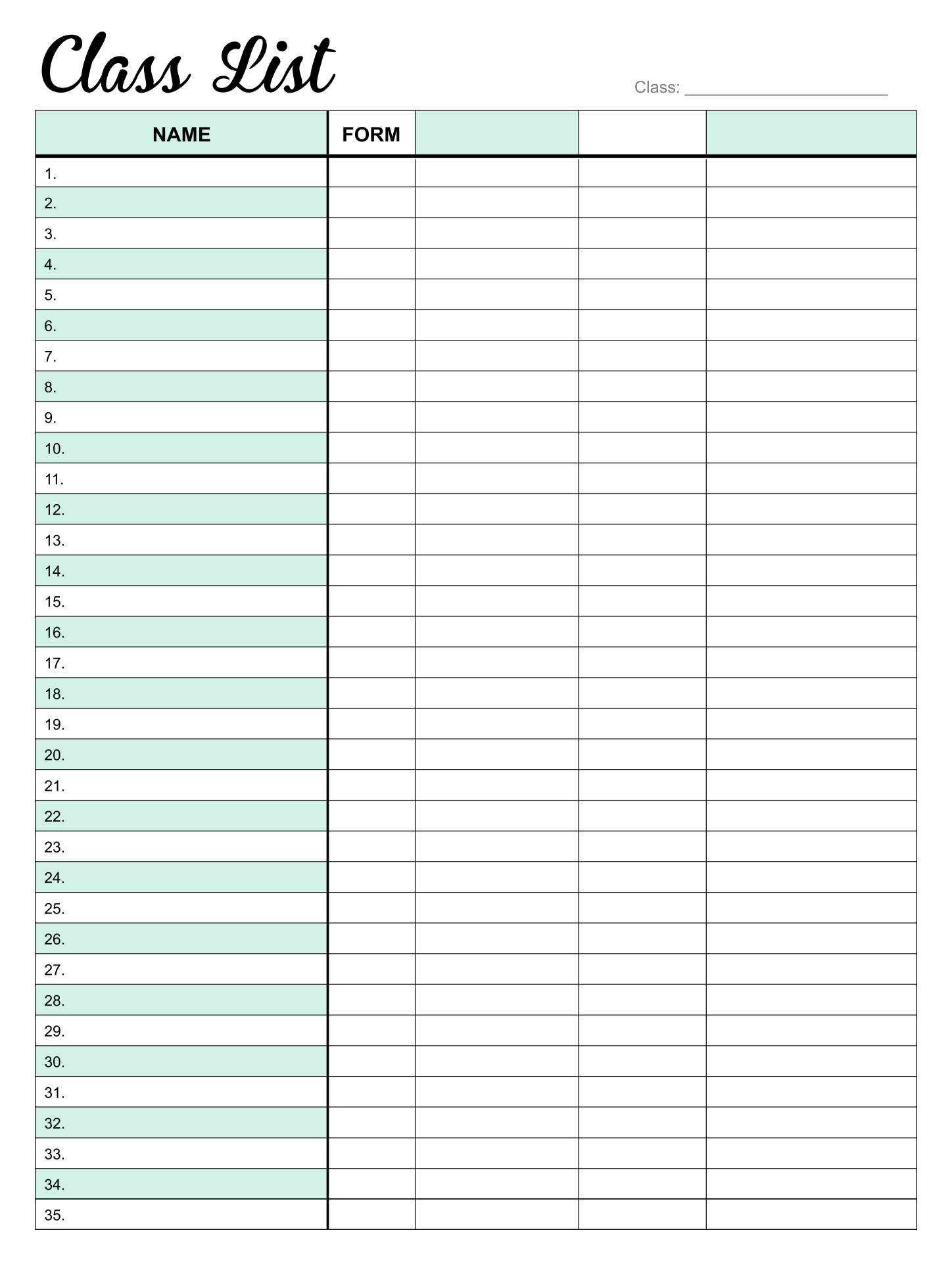 Class List Printable Template Class List Printable Template