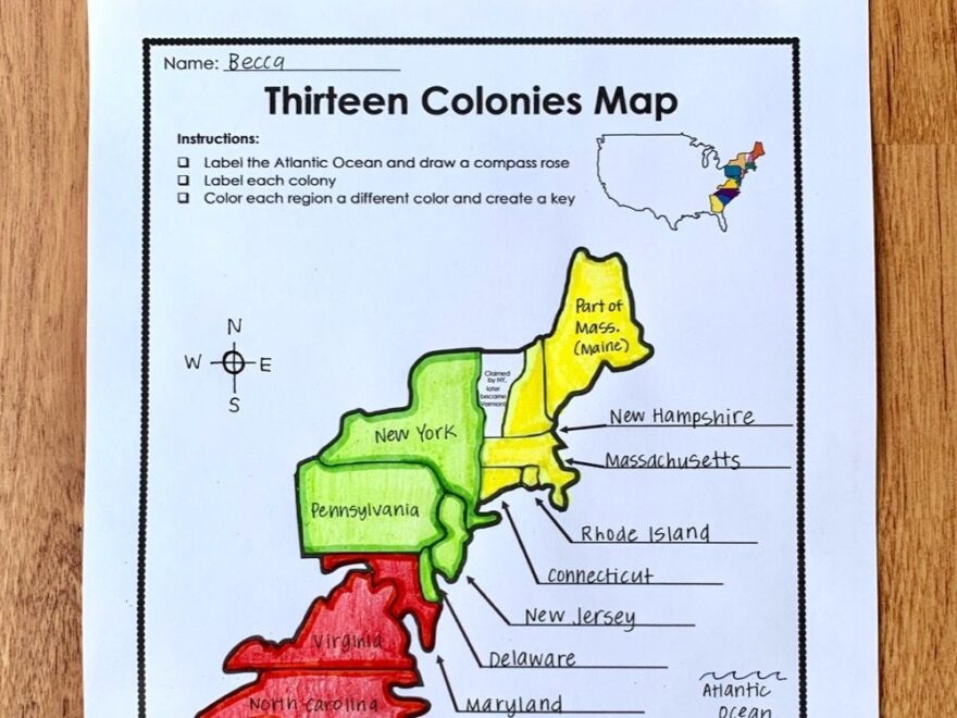 13 Colonies Free Map Worksheet And Lesson For Students