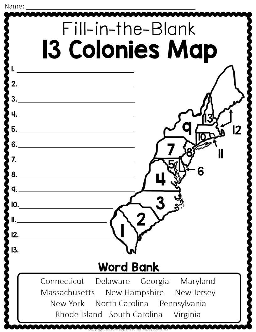 13 Colonies Map Quiz Free Printable