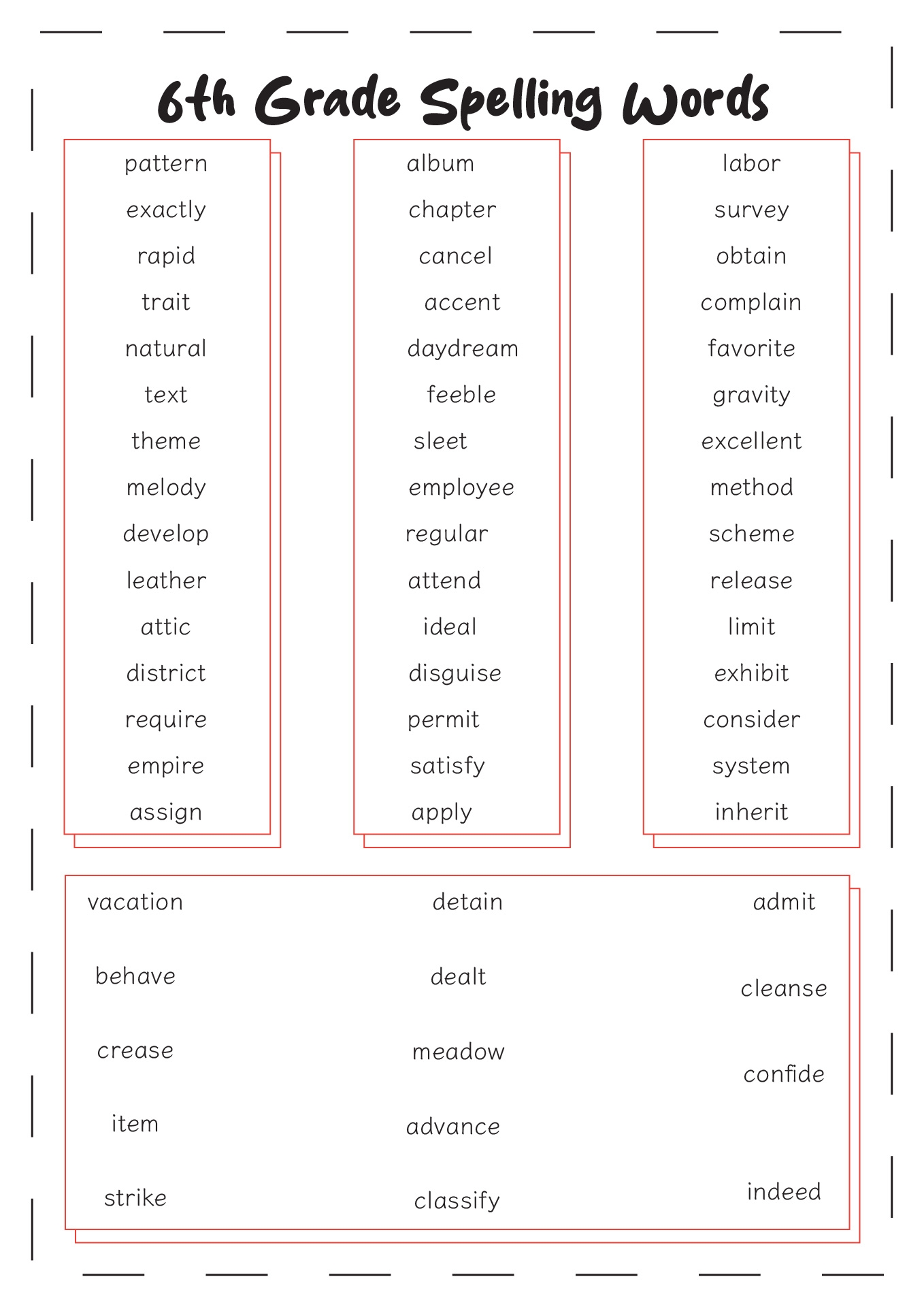 Printable Spelling List By Feature