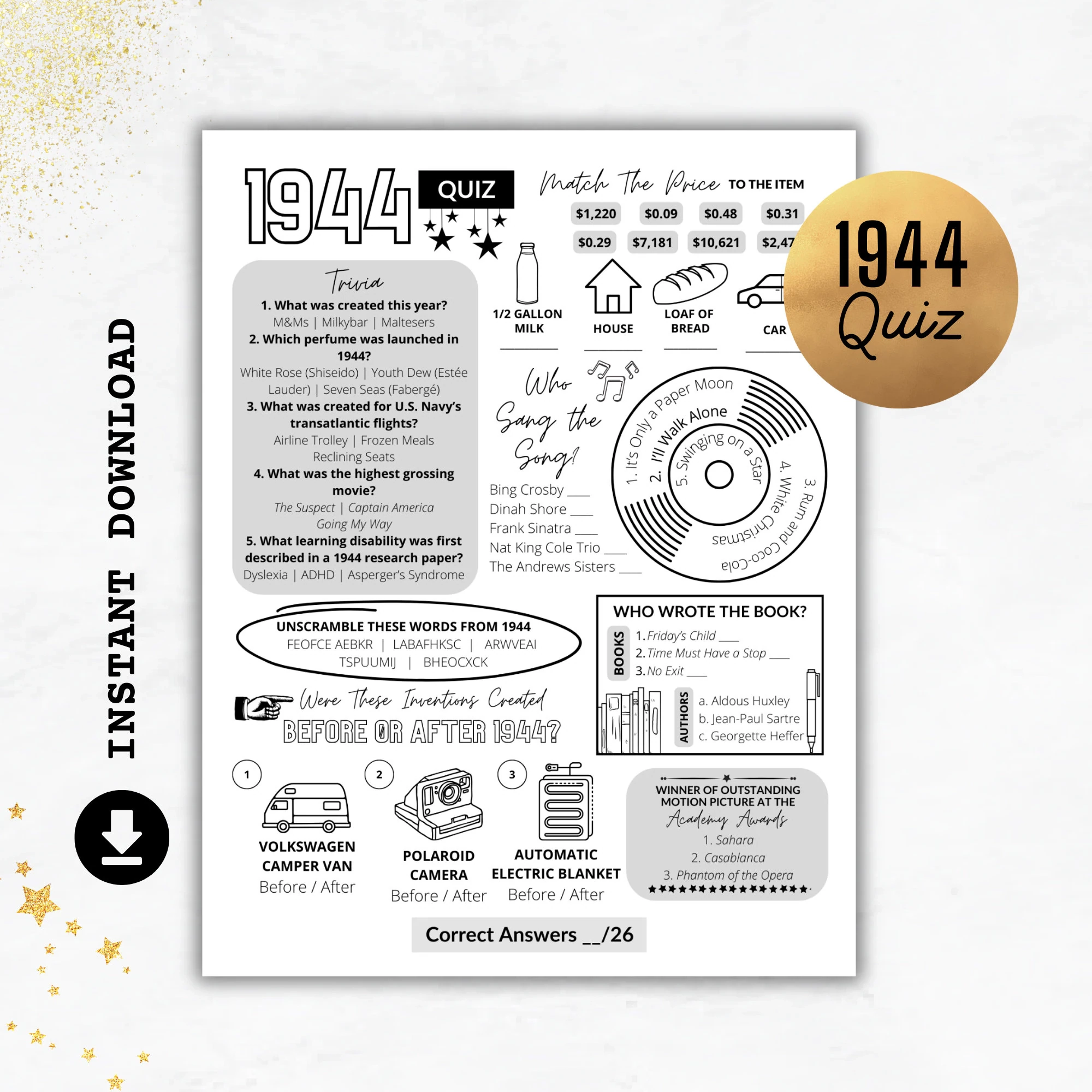 1944 Quiz Born In 1944 Print Trivia Printable 81st Birthday 