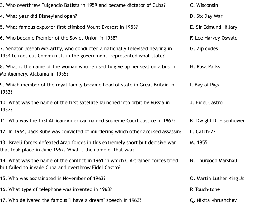 1950 s amp 60 s Trivia Worksheet WordMint