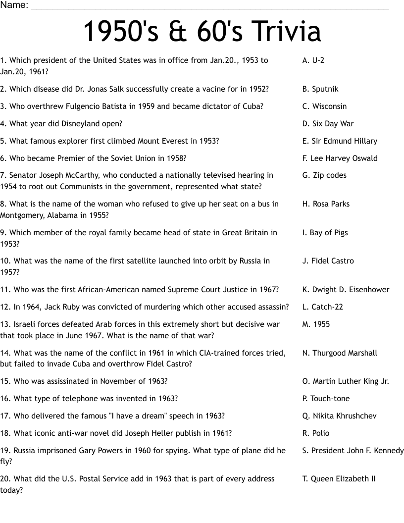 1950 s amp 60 s Trivia Worksheet WordMint