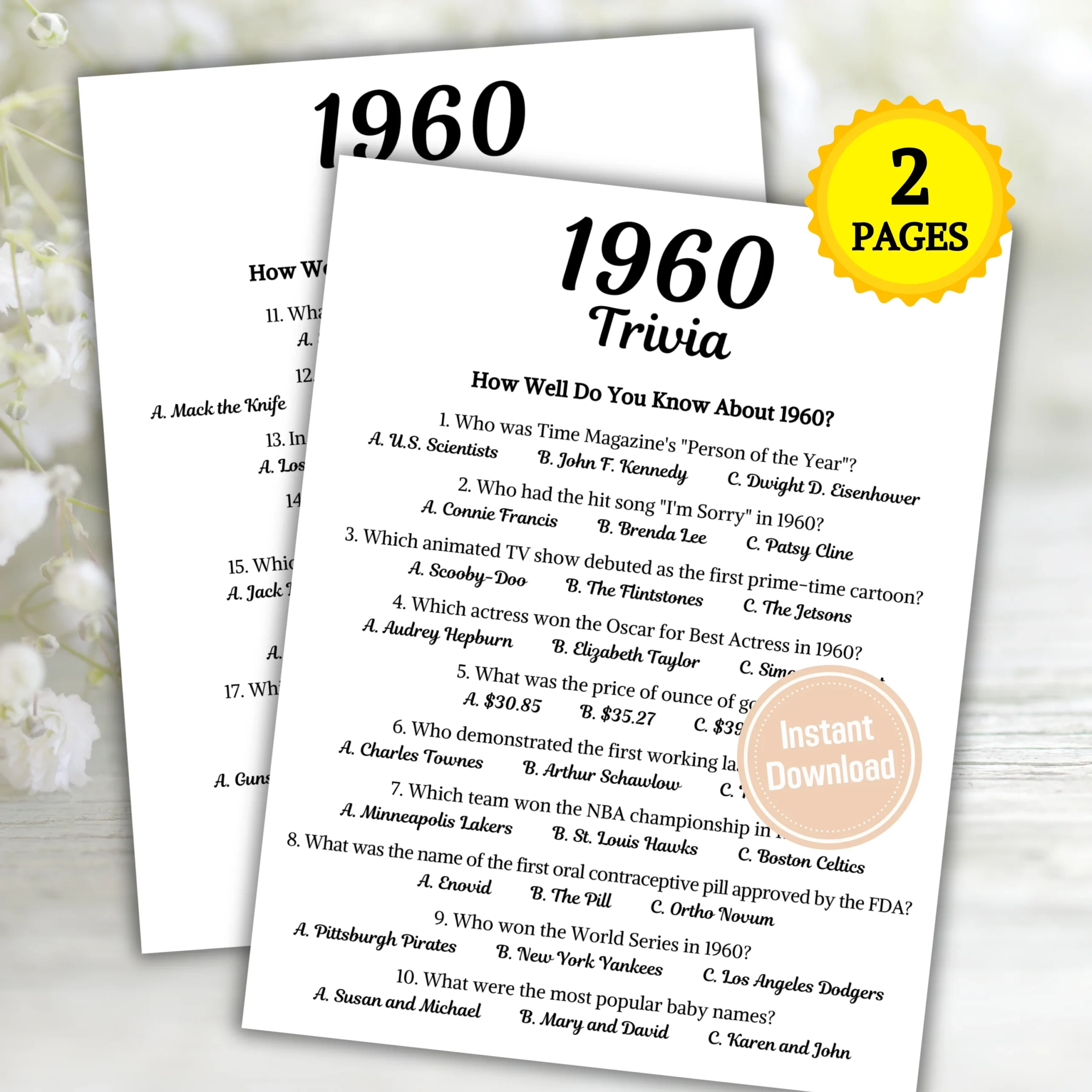 1960 Trivia Game Printable 65th Birthday Party Game
