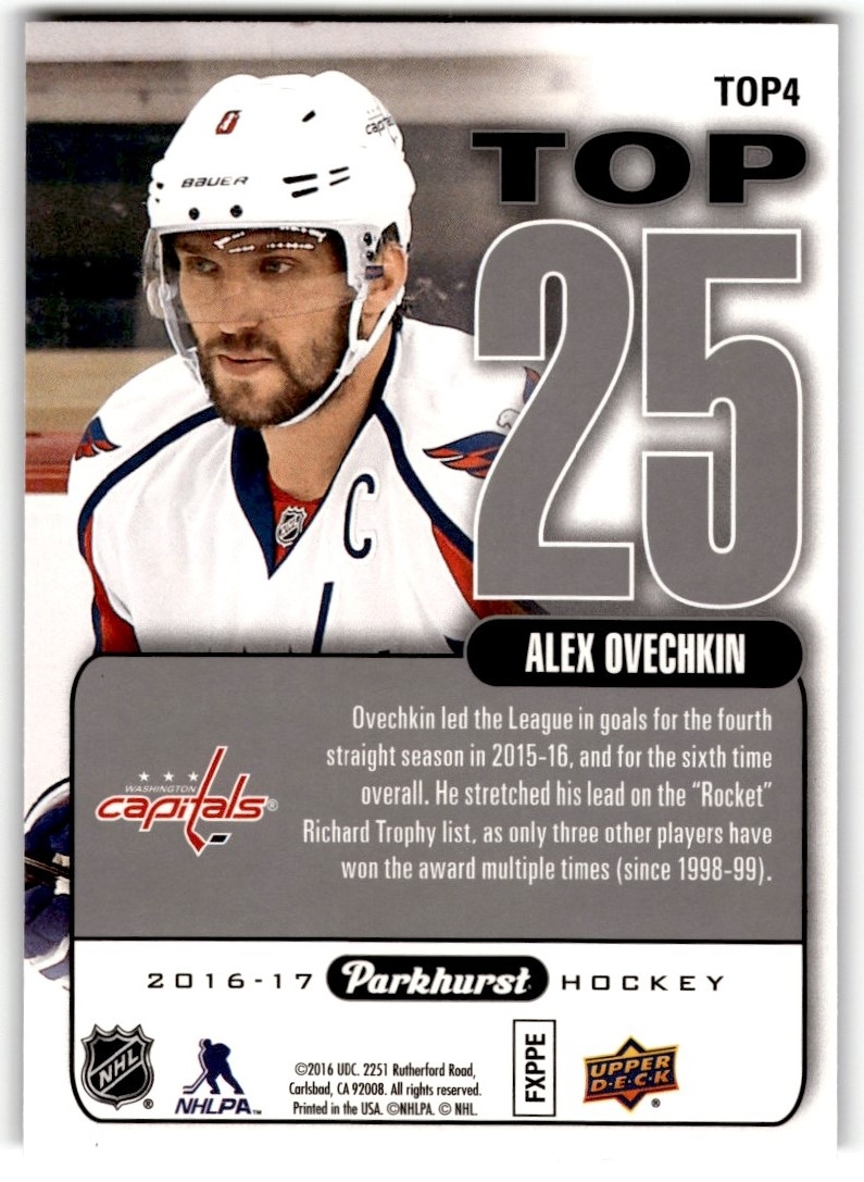 2016 17 parkhurst top 25 alexander ovechkin top4 washington 2016 17 parkhurst top 25 alexander ovechkin top4 washington