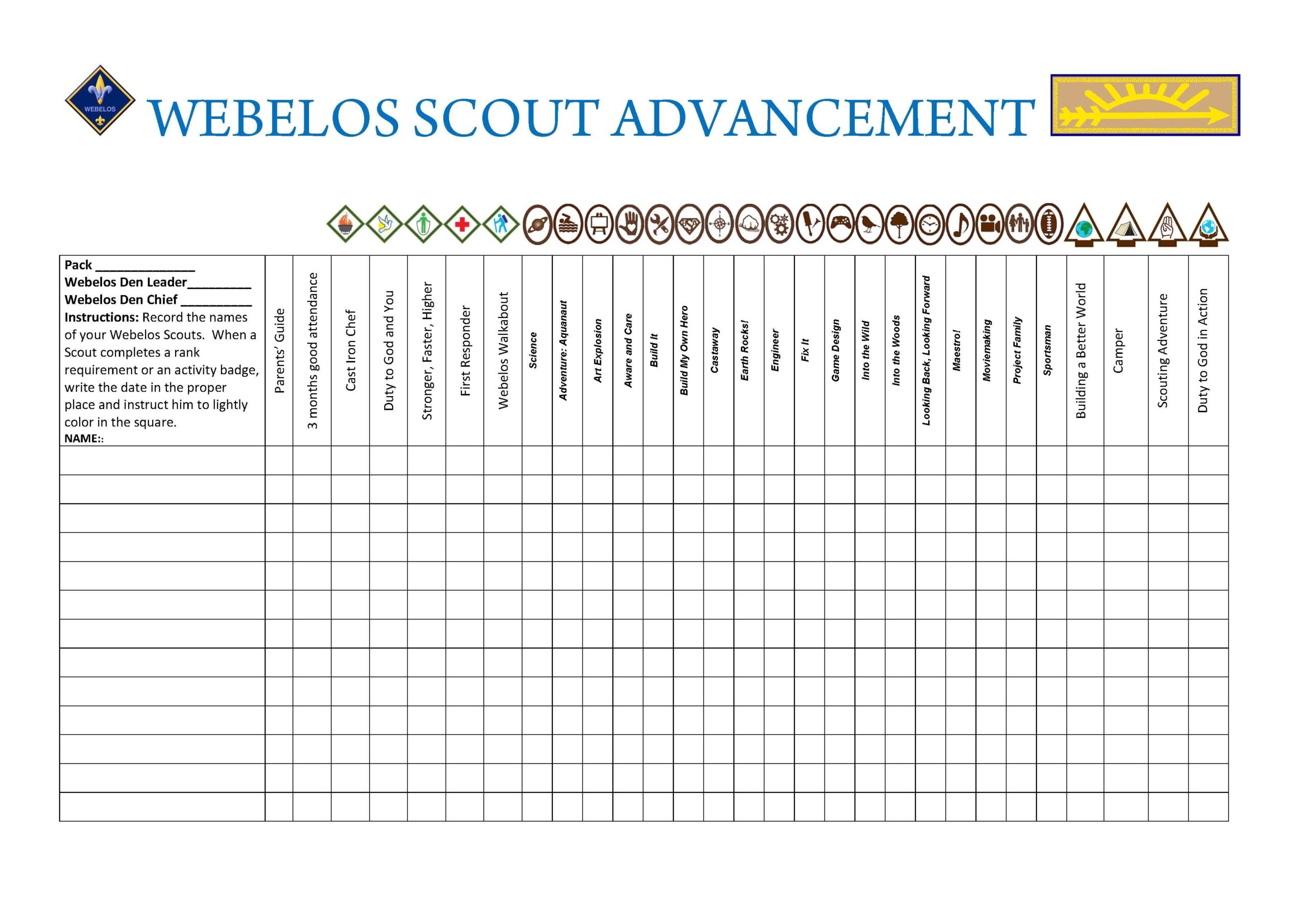 2016 WEBELOS WALL CHART OF NEW ADVENTURE BADGES FOR RECORD KEEPING AND TRACKING AND ACKNOWLEDGEMENT 