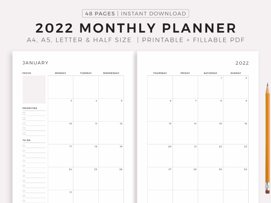 2022 Dated Monthly Planner On Two Pages Printable amp Fillable PDF