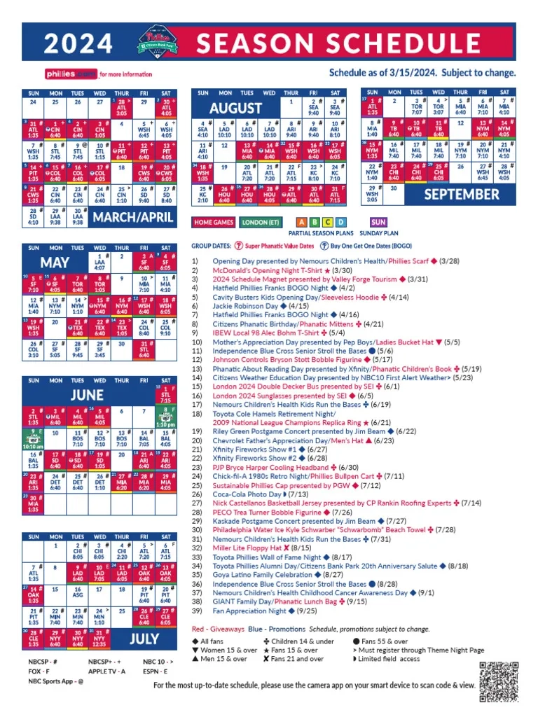2024 Philadelphia Phillies Schedule PDF Baseball Teams Major 