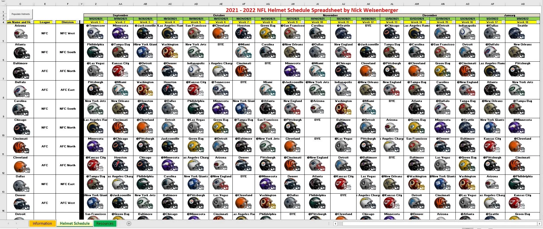 2025 2026 NFL Helmet Schedule Spreadsheet