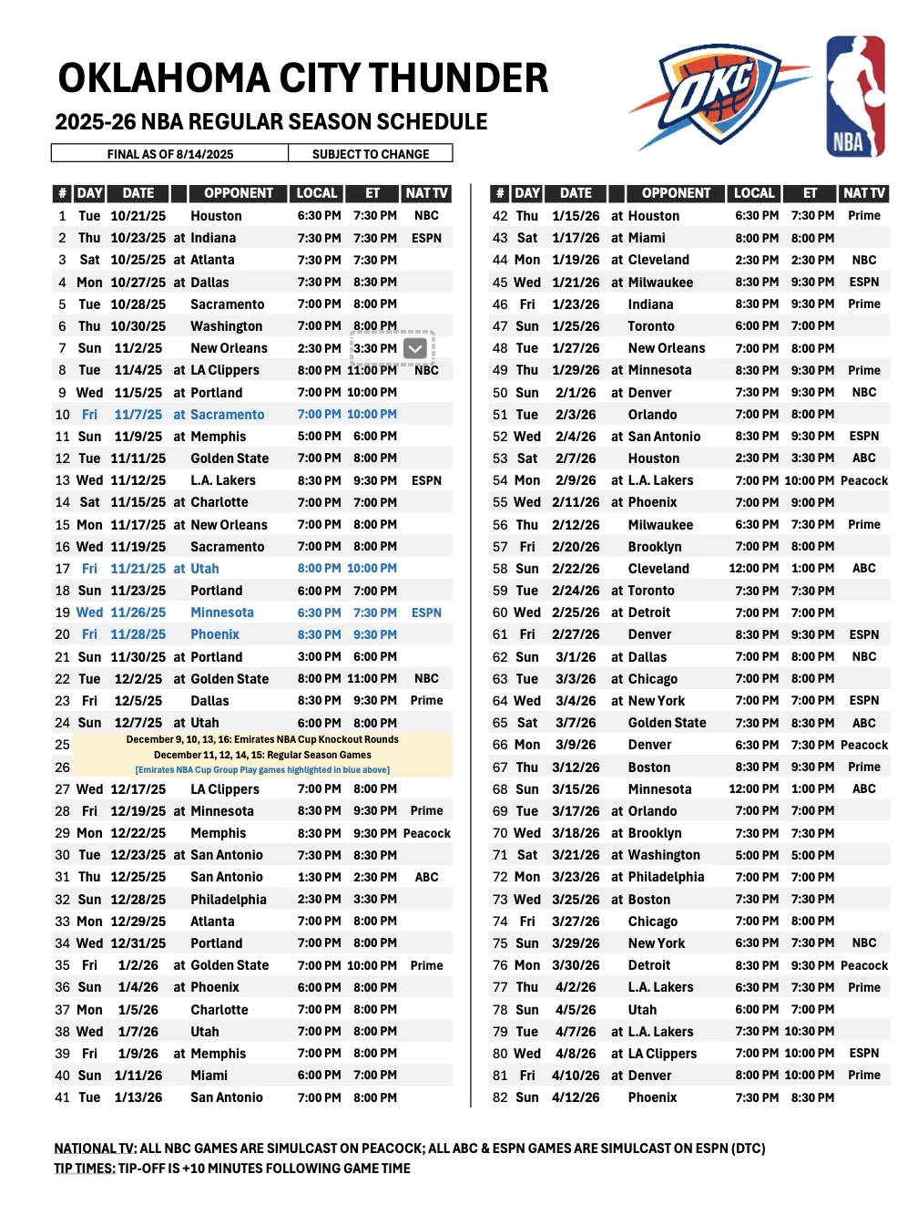 2025 2026 OKC Thunder Regular Season Schedule R Thunder