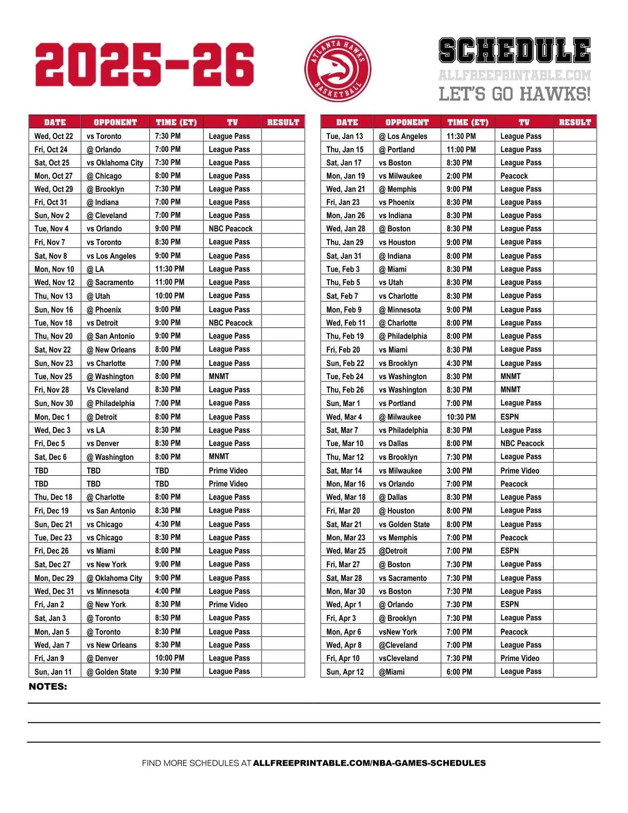 2025 26 Atlanta Hawks Schedule Free Printable