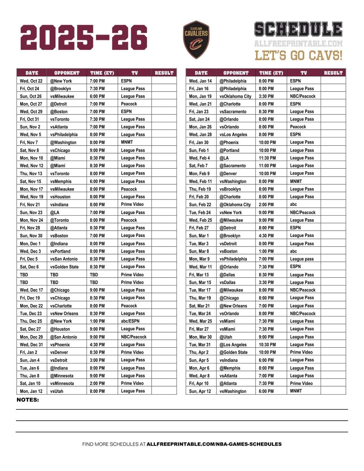 2026 Cavaliers Printable Schedule 2026 Cavaliers Printable Schedule