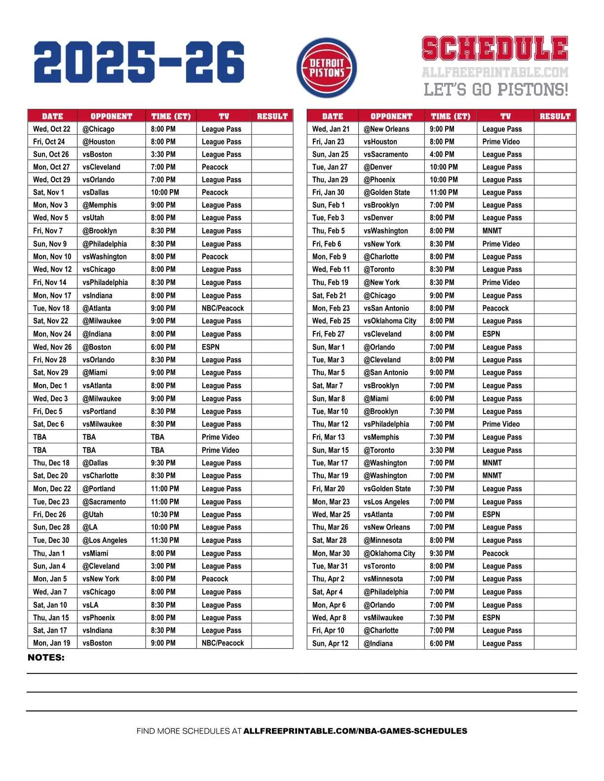 Detroit Pistons 2025-26 Printable Schedule