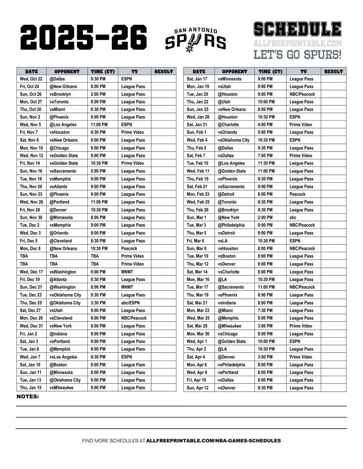 San Antonio Spurs Printable Schedule 2025-26