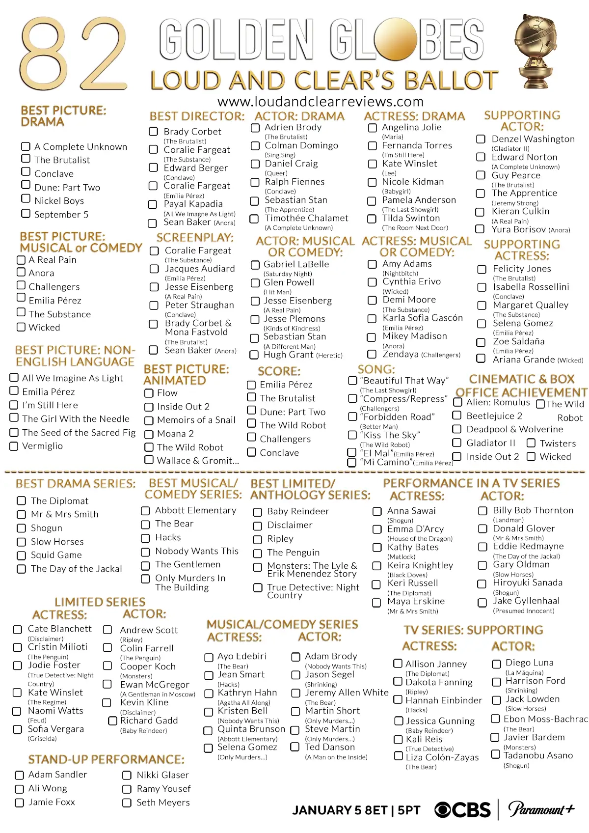 Golden Globes Nominee List Printable
