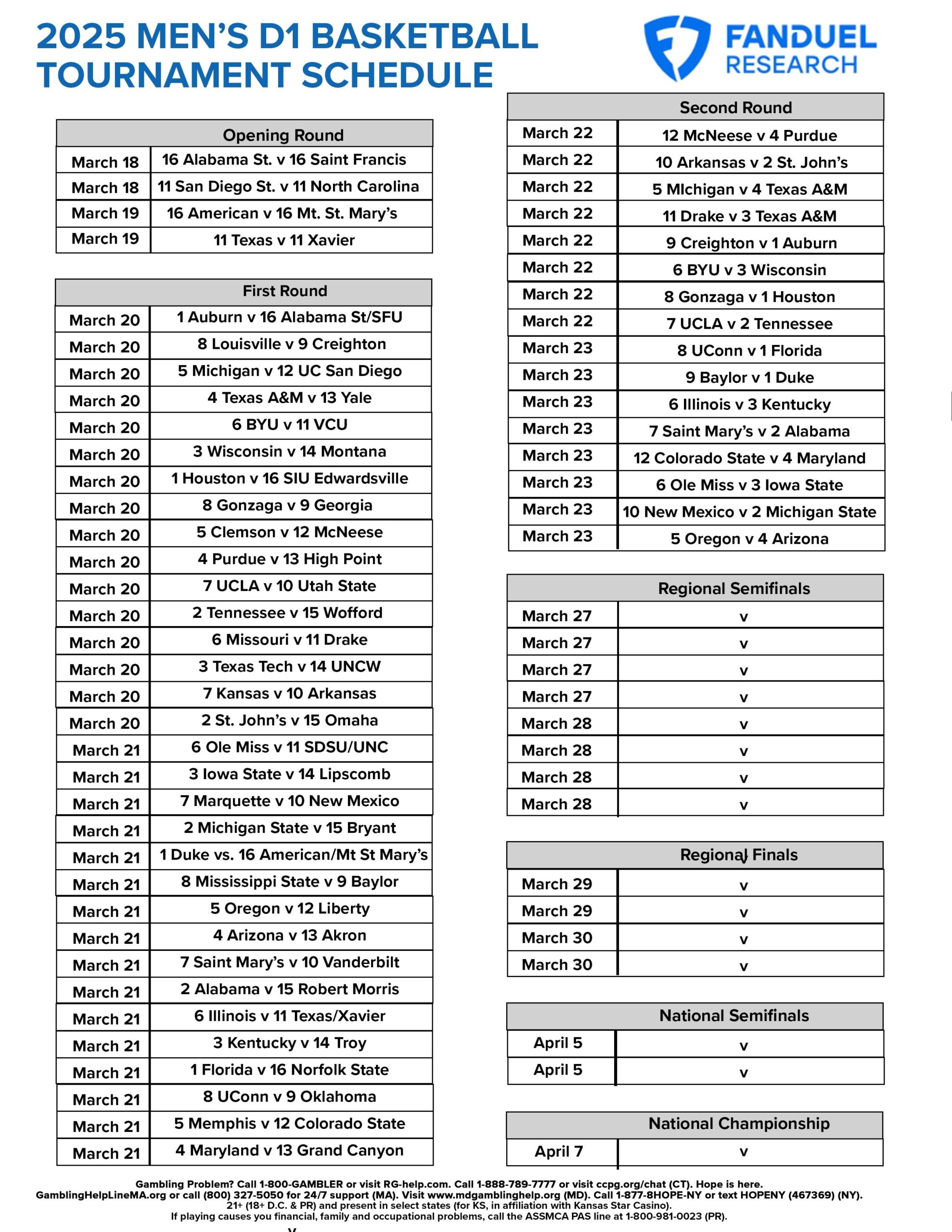 2025 Men s College Basketball Tournament Free Printable Schedule 