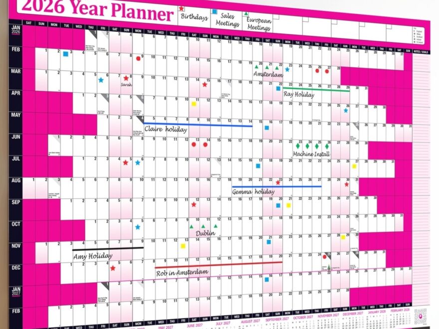 2026 Calendar Holiday Year Planner A3 Wall Chart HOT PINK FREE