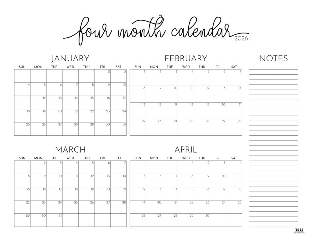 2026 Four Month Calendars 31 FREE Printables Printabulls 2026 Four Month Calendars 31 FREE Printables Printabulls