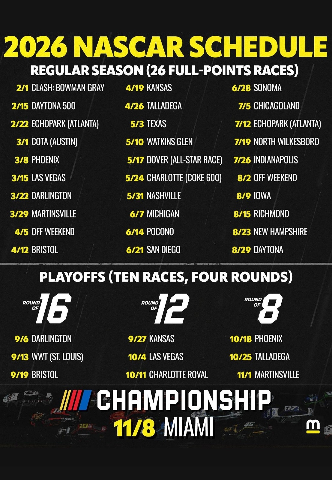 2026 Nascar Monster Schedule Printable