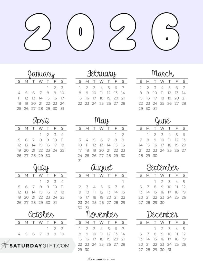 2026 Yearly Calendars 35 Free Printables