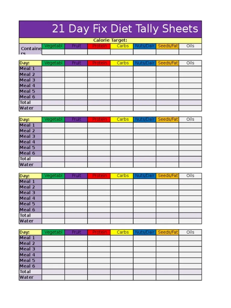 21 Day Fix Tally Sheet PDF