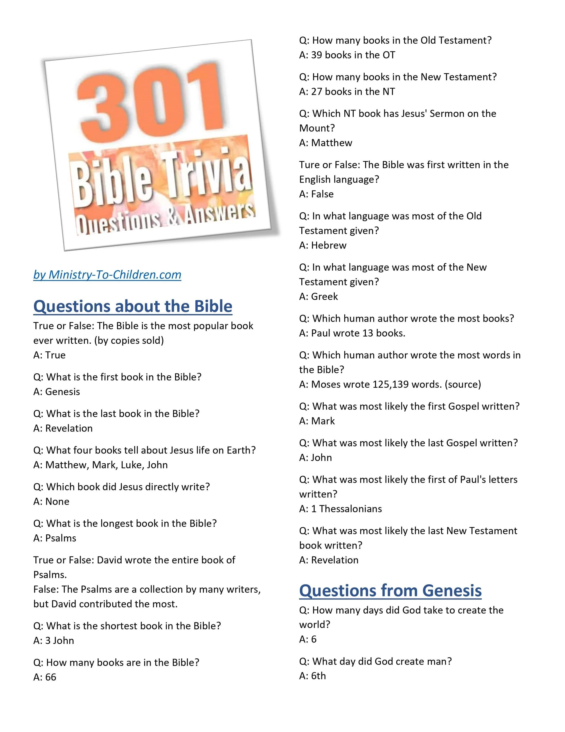 301 Bible Trivia Questions Answers free Download Sunday School Store