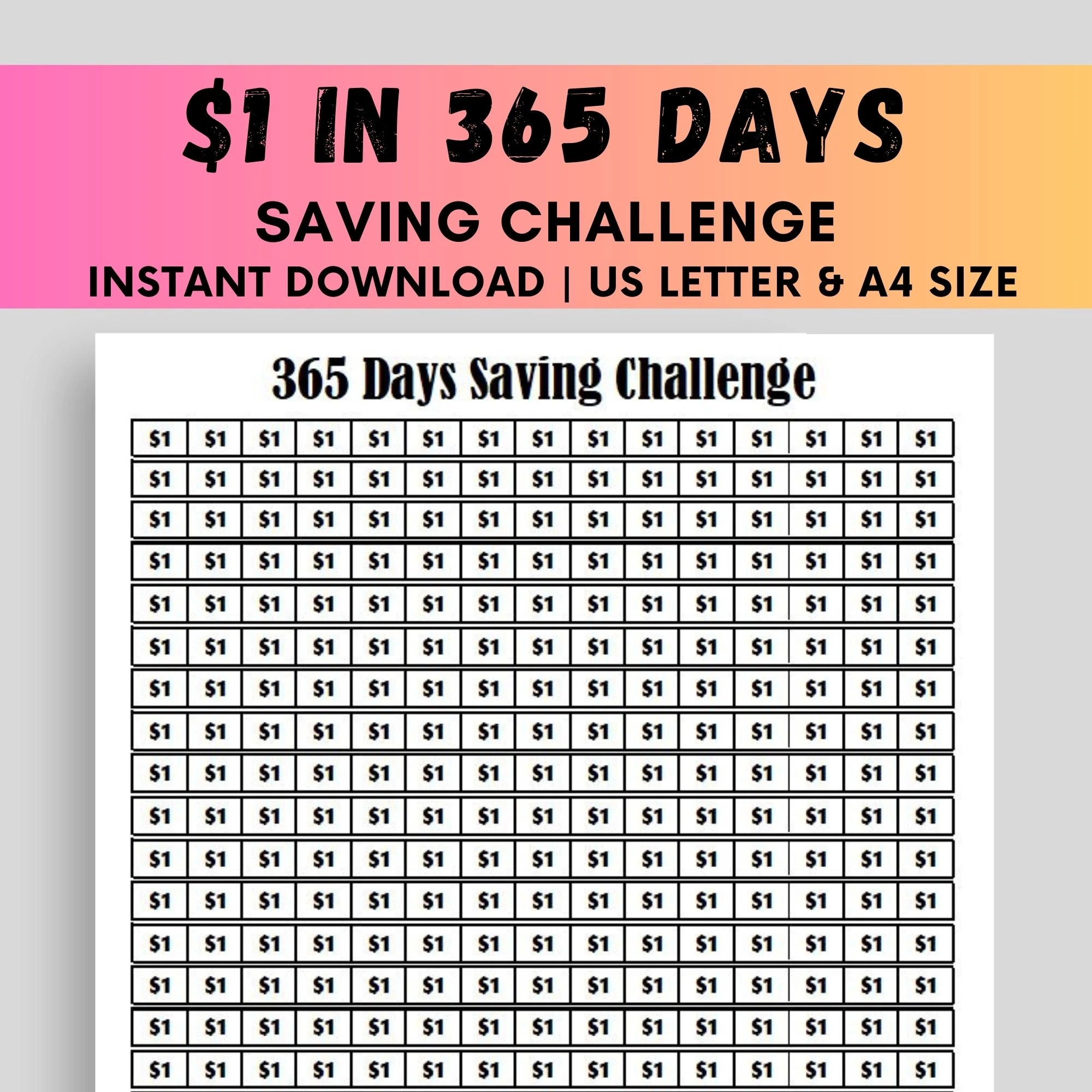 365 Days Savings Challenge Printable Savings Tracker 1 Dollar 