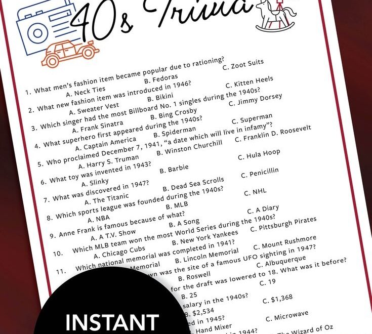 40s Trivia 1940s Trivia Game Printable 40s Trivia 40 s Party