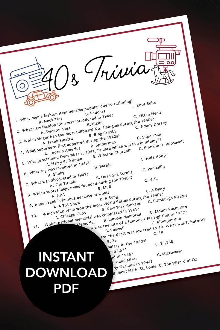 40s Trivia 1940s Trivia Game Printable 40s Trivia 40 s Party 