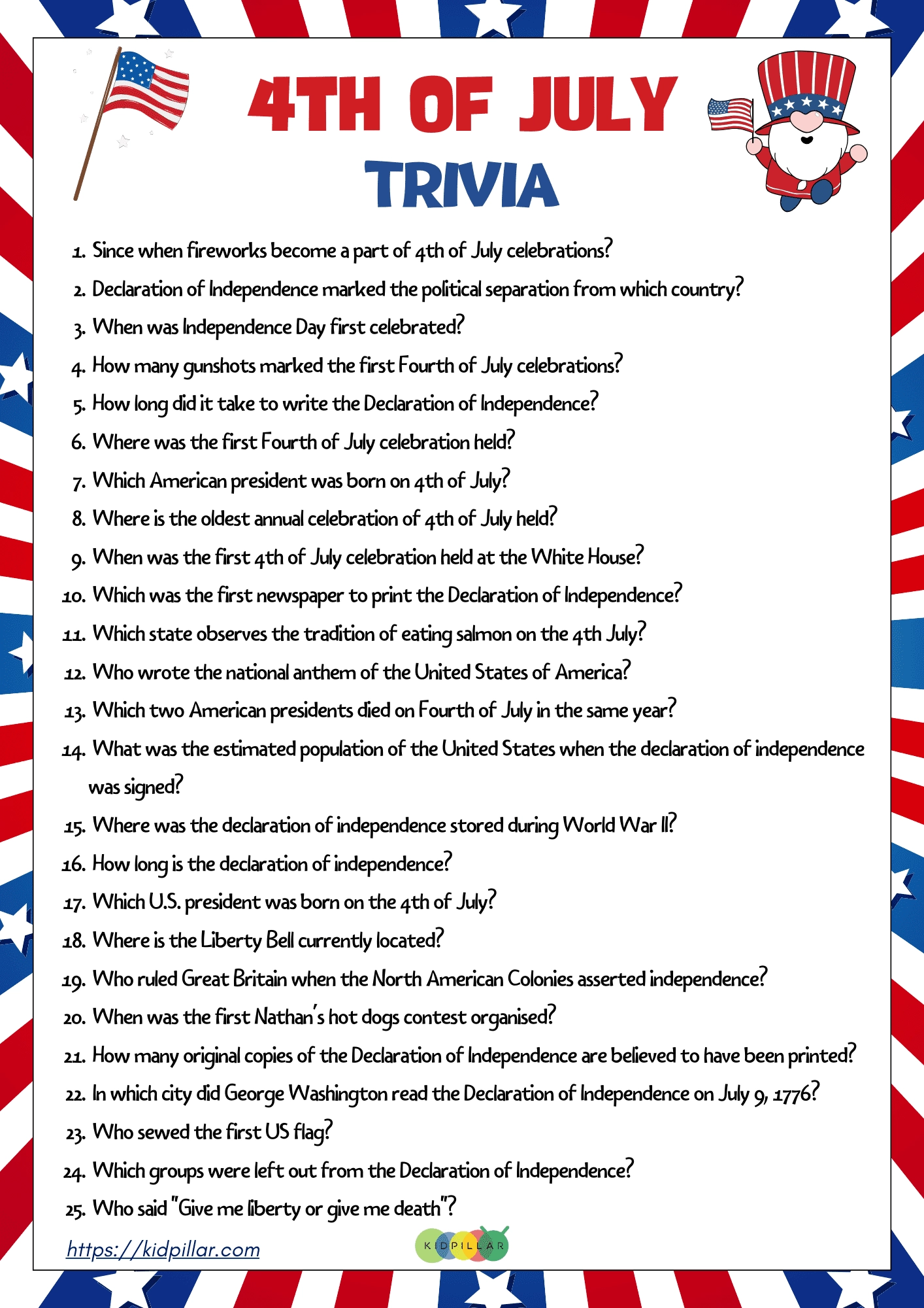 4th Of July Trivia For Kids With Free Printable 4th Of July Trivia For Kids With Free Printable