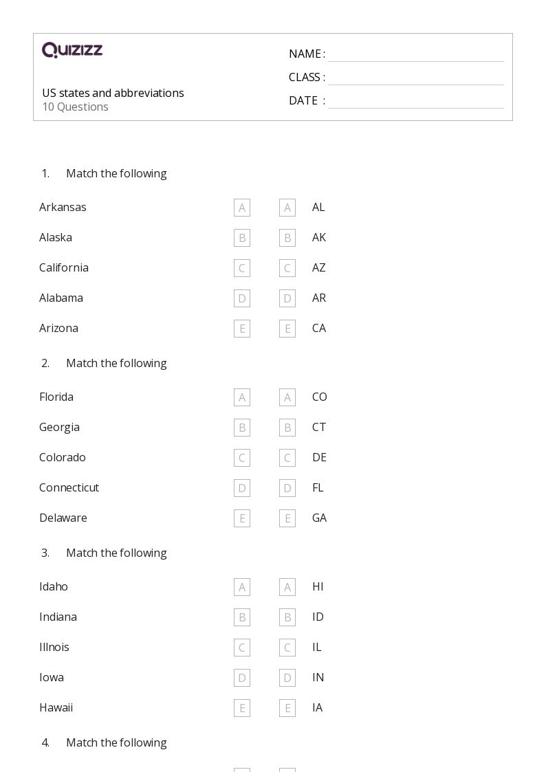 State Abbreviations Quiz Printable