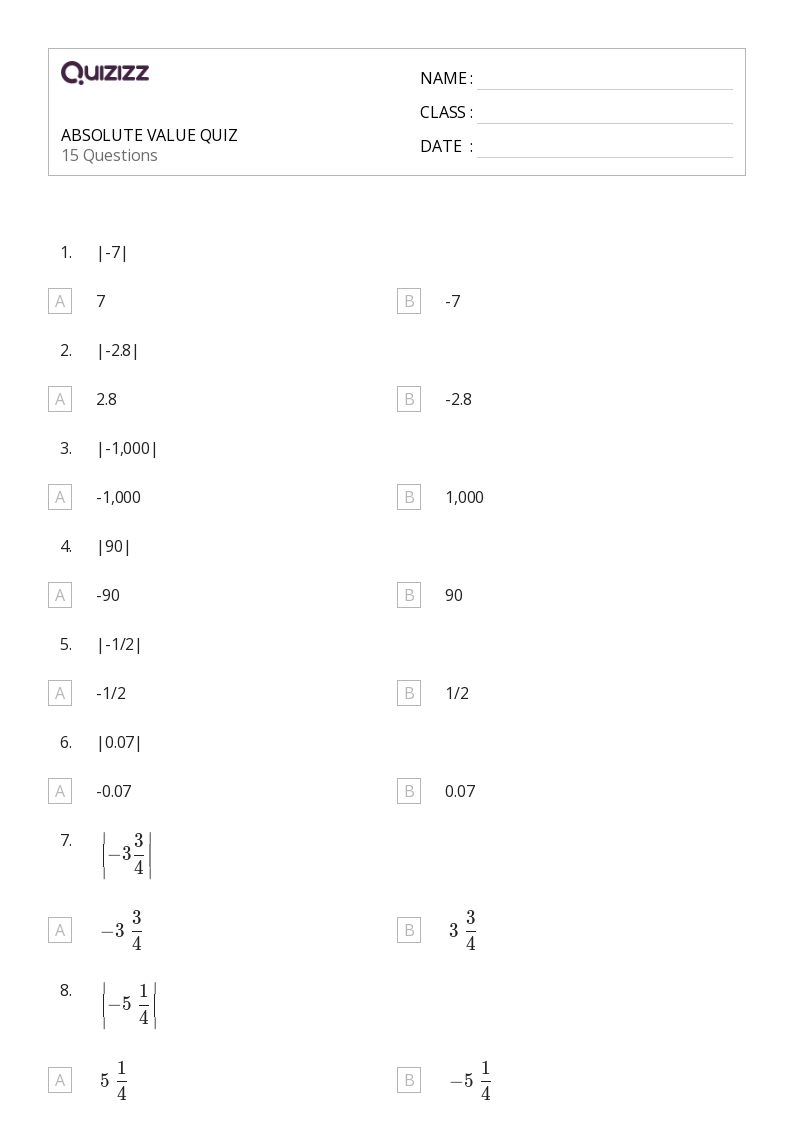 Absolute Value Quiz Printable Absolute Value Quiz Printable