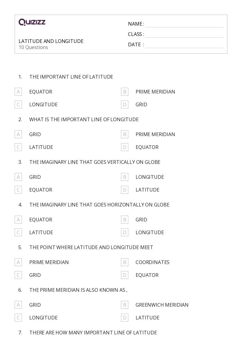 50 Latitude And Longitude Worksheets For 3rd Class On Quizizz 