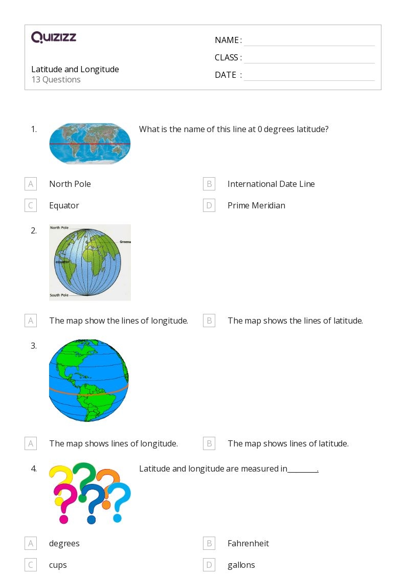 Printable World Latitude Longitude Quiz