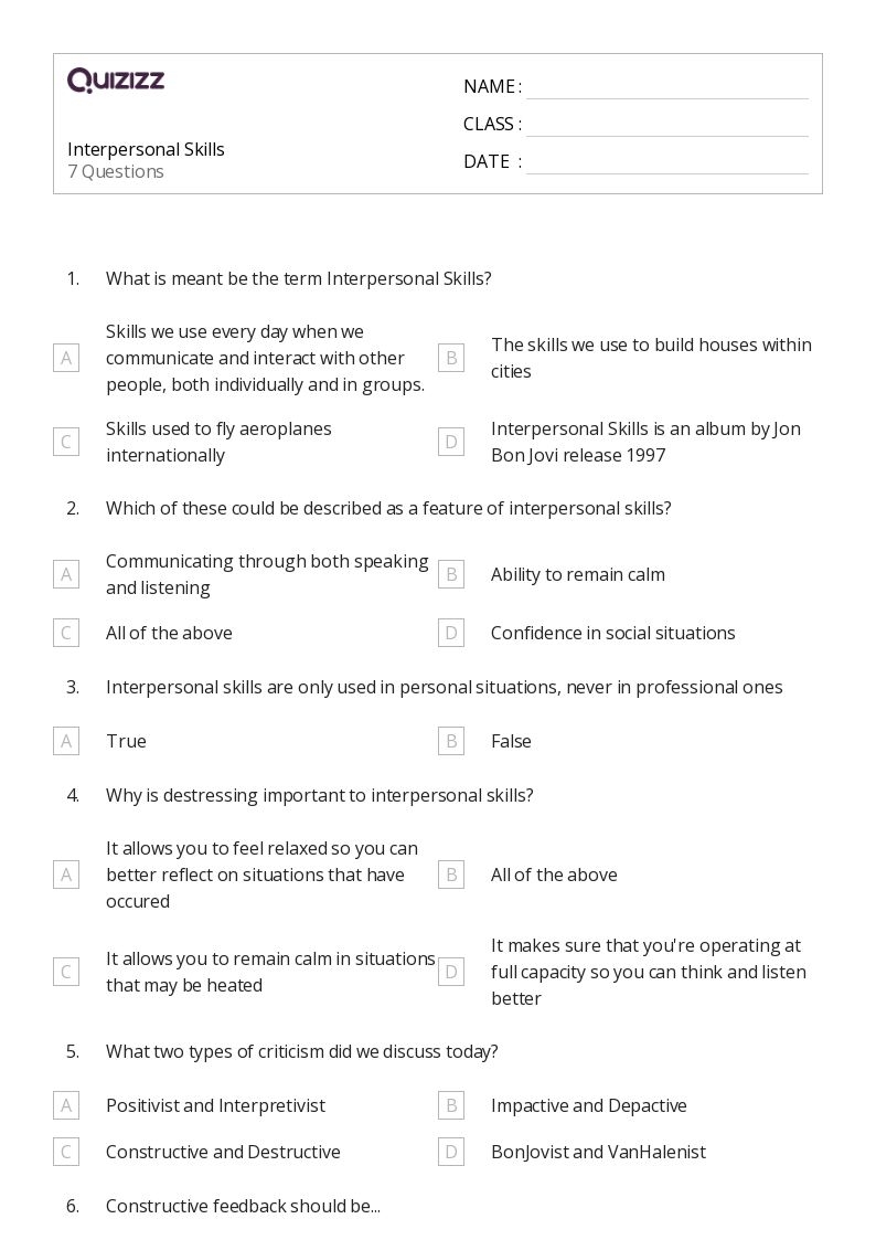 Interpersonal Skills Quiz Printable Interpersonal Skills Quiz Printable