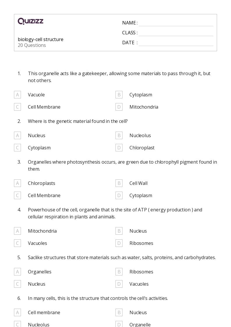 50 Structure Of A Cell Worksheets On Quizizz Free amp Printable