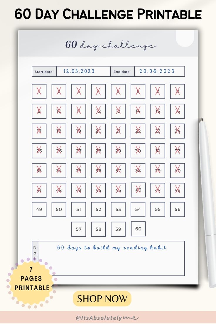 60 Day Challenge 60 Day Challenge Printable 60 Day Countdown 60 