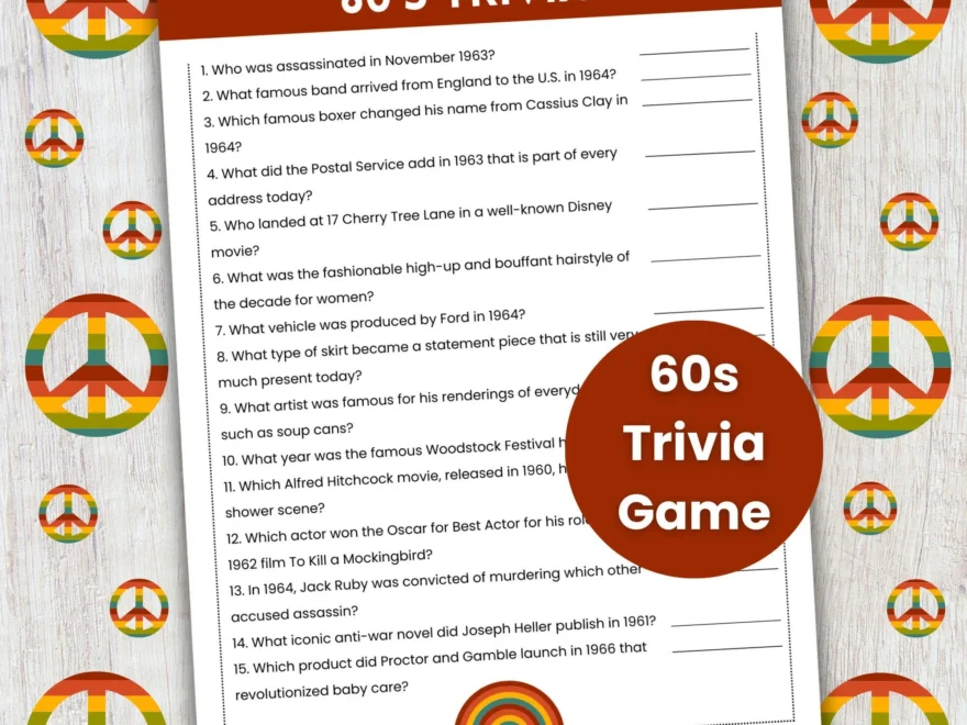 60s Trivia Game 60s Theme Party Game Decades Trivia Team