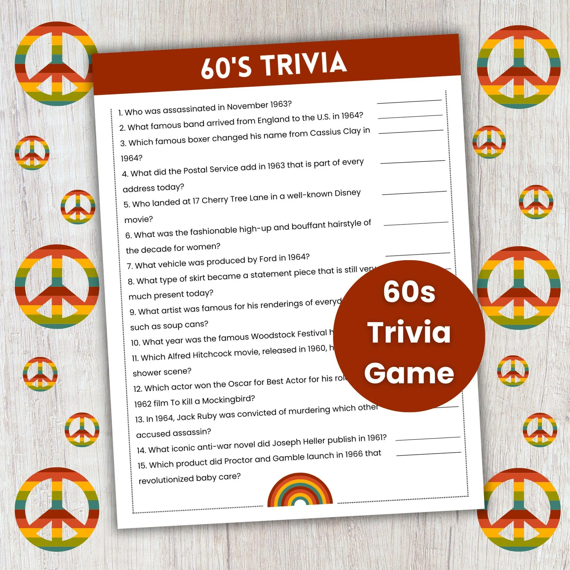 60s Trivia Game 60s Theme Party Game Decades Trivia Team 