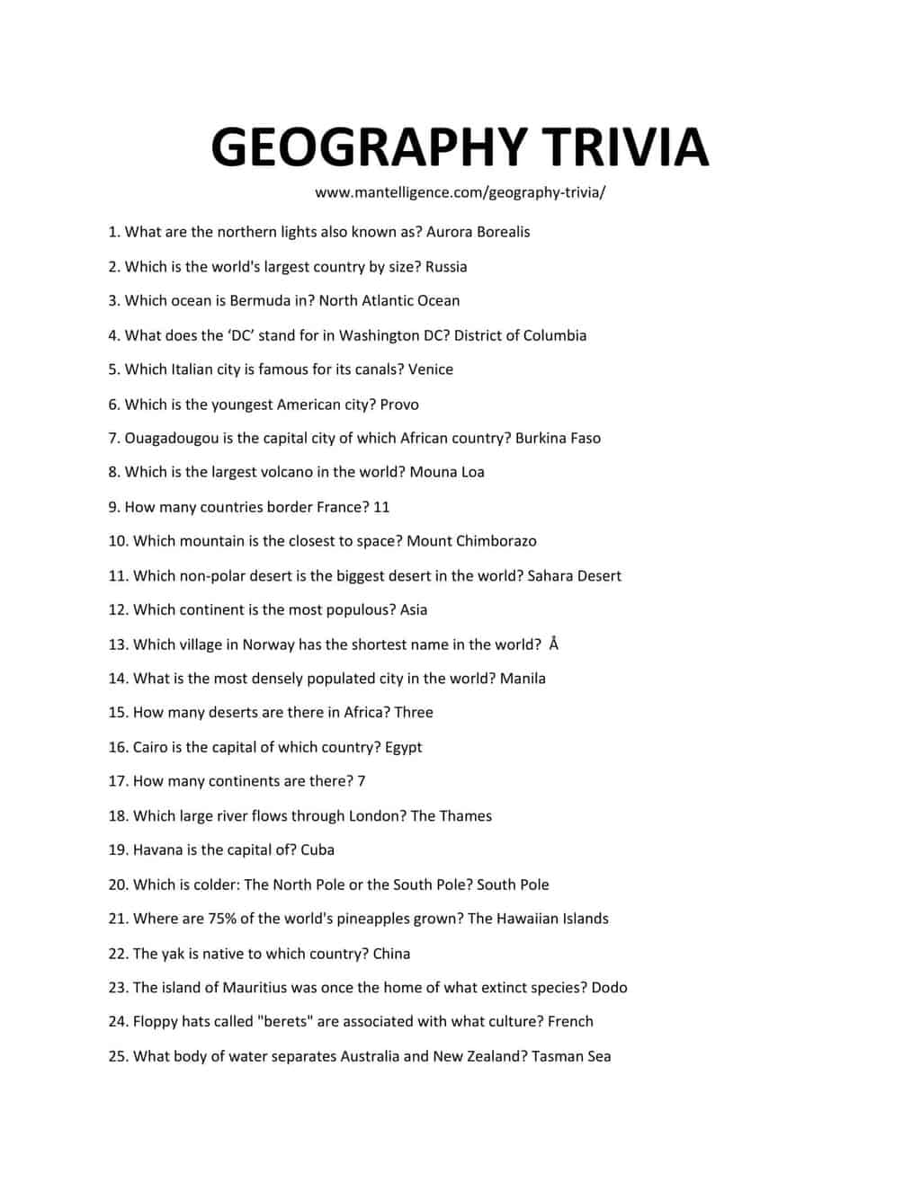 Fun Printable Geography Trivia Fun Printable Geography Trivia