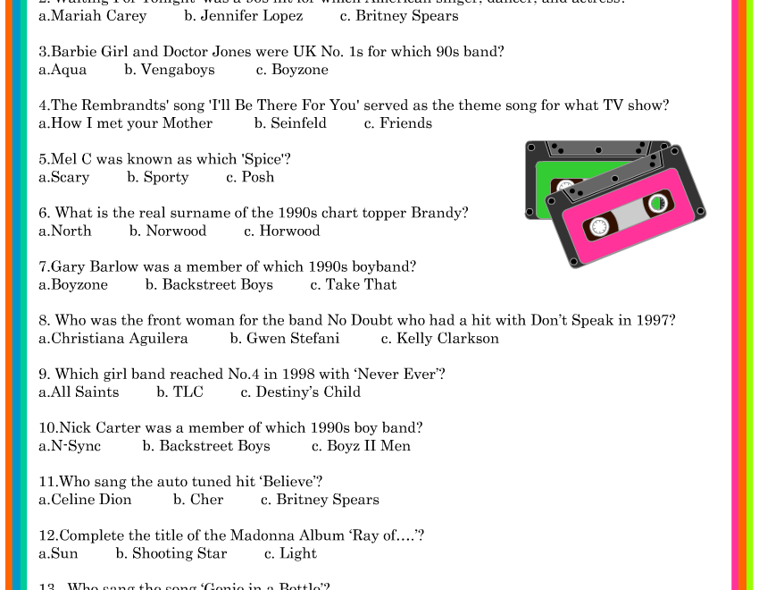 90s Music Trivia Quiz With Its Answer Key