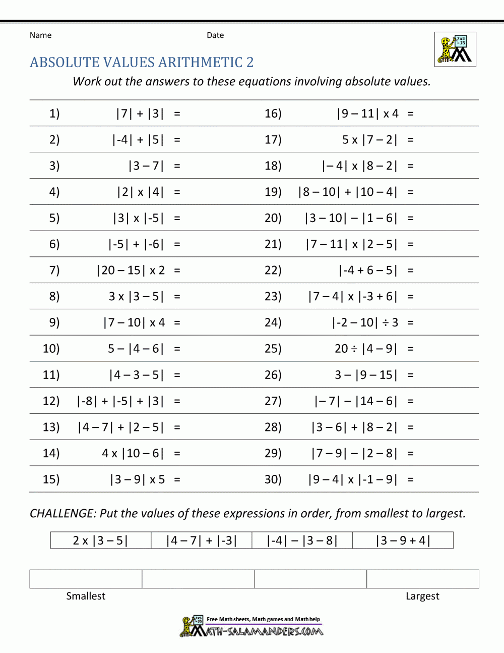 Absolute Value Worksheets Absolute Value Worksheets