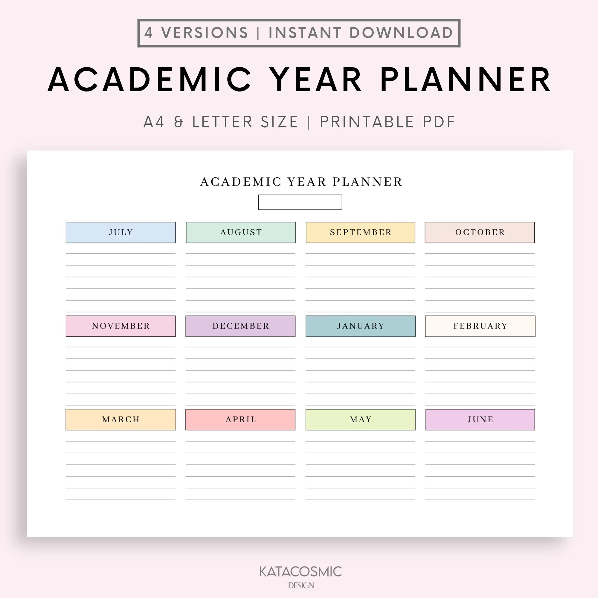 Academic Year Planner Template Printable Calendar Landscape 
