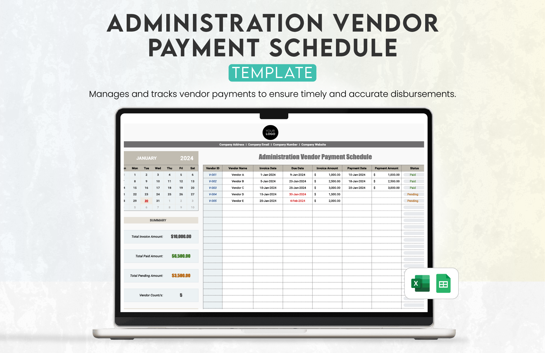 Administration Vendor Payment Schedule Template In Excel Google 
