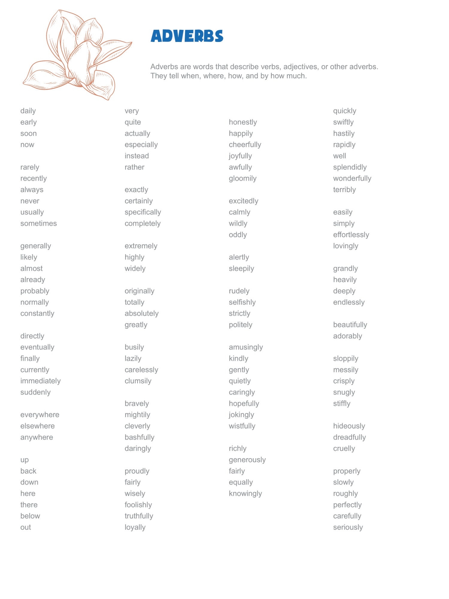 Free Printable List Of Adverbs