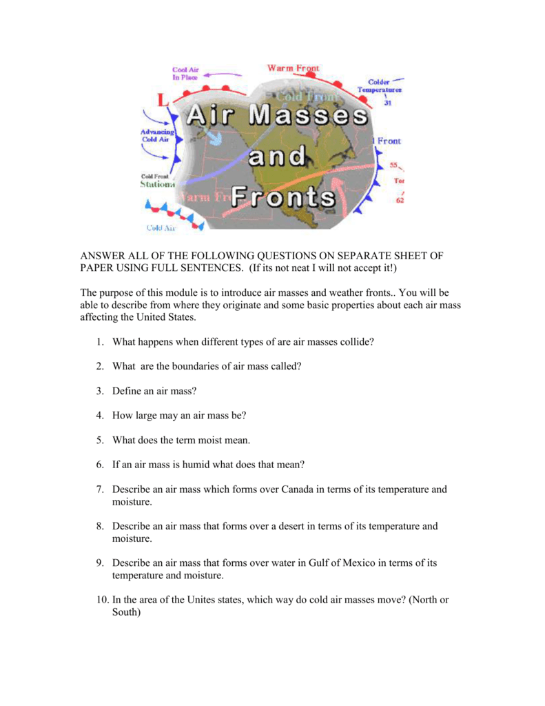 Types Of Air Masses Printable Quiz