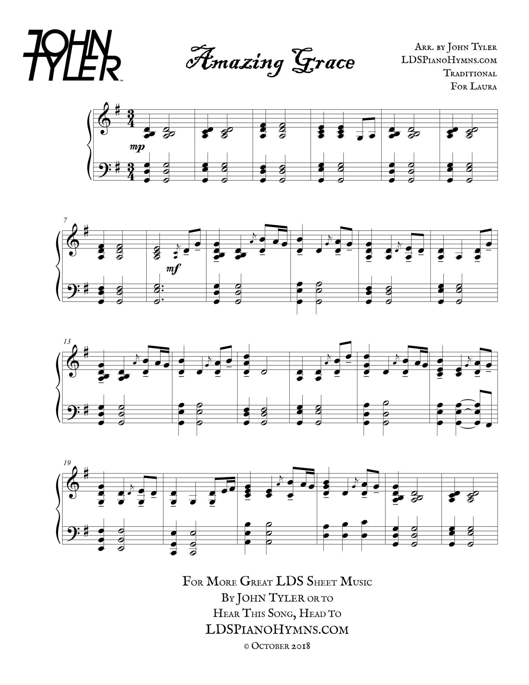 Amazing Grace FREE LDS PIANO SOLOS By John Tyler Worksheets 