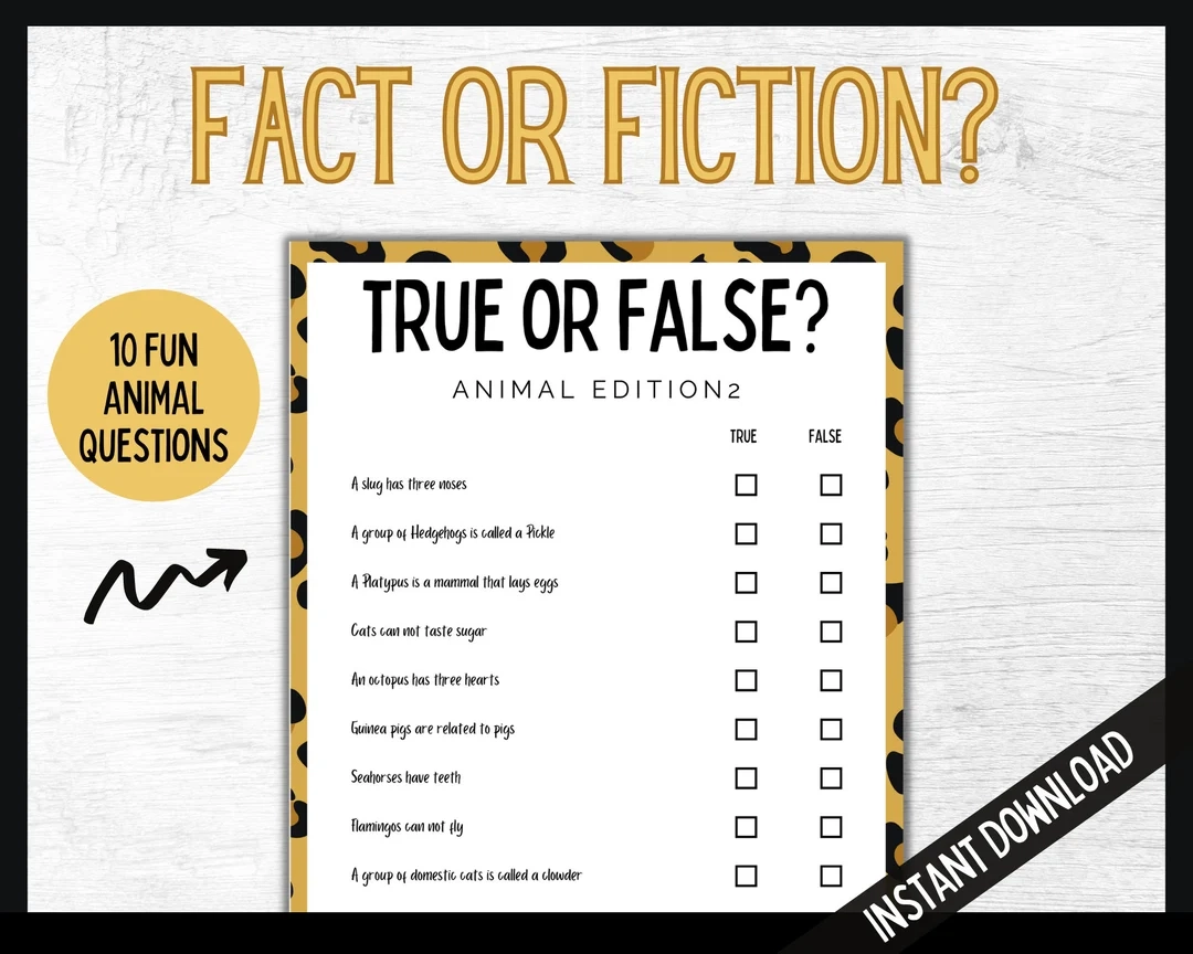 Animal Trivia Animal Fact Or Fiction True Or False Game Fun Teen Games Teen Party Trivia Quiz Teen Birthday Family Quiz Edition 2 Etsy